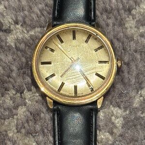 Timex Classic Gold Dial with Black Leather Strap vintage wind up